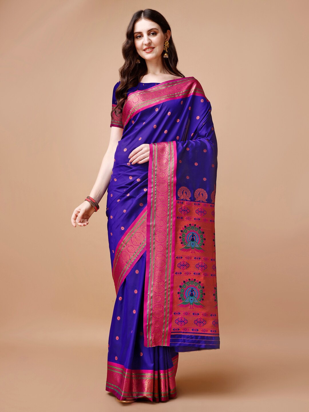 

JUST FASHION Purple & Pink Ethnic Motifs Zari Paithani Saree