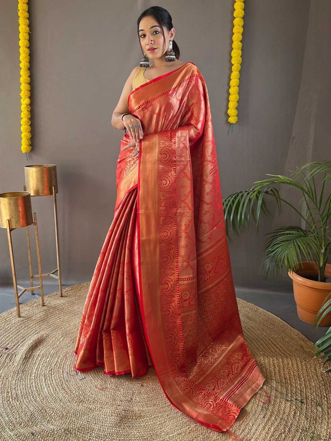 

LeeliPeeri Designer Ethnic Motifs Woven Design Zari Kanjeevaram Saree, Red