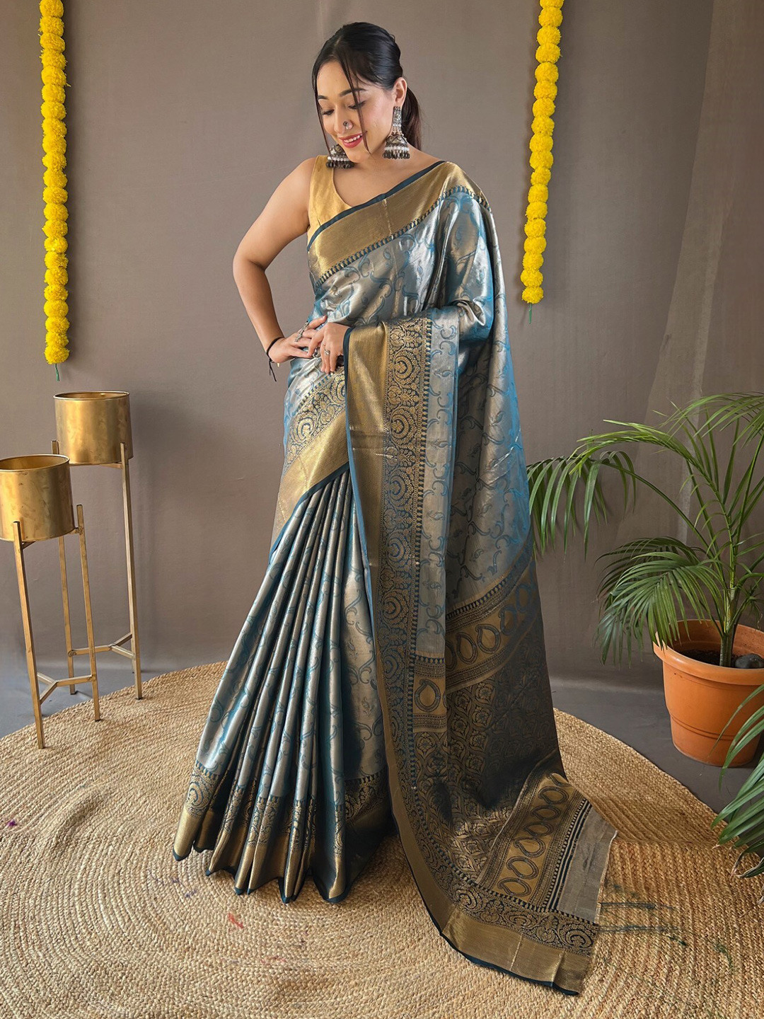 

LeeliPeeri Designer Ethnic Motifs Woven Design Zari Kanjeevaram Saree, Blue