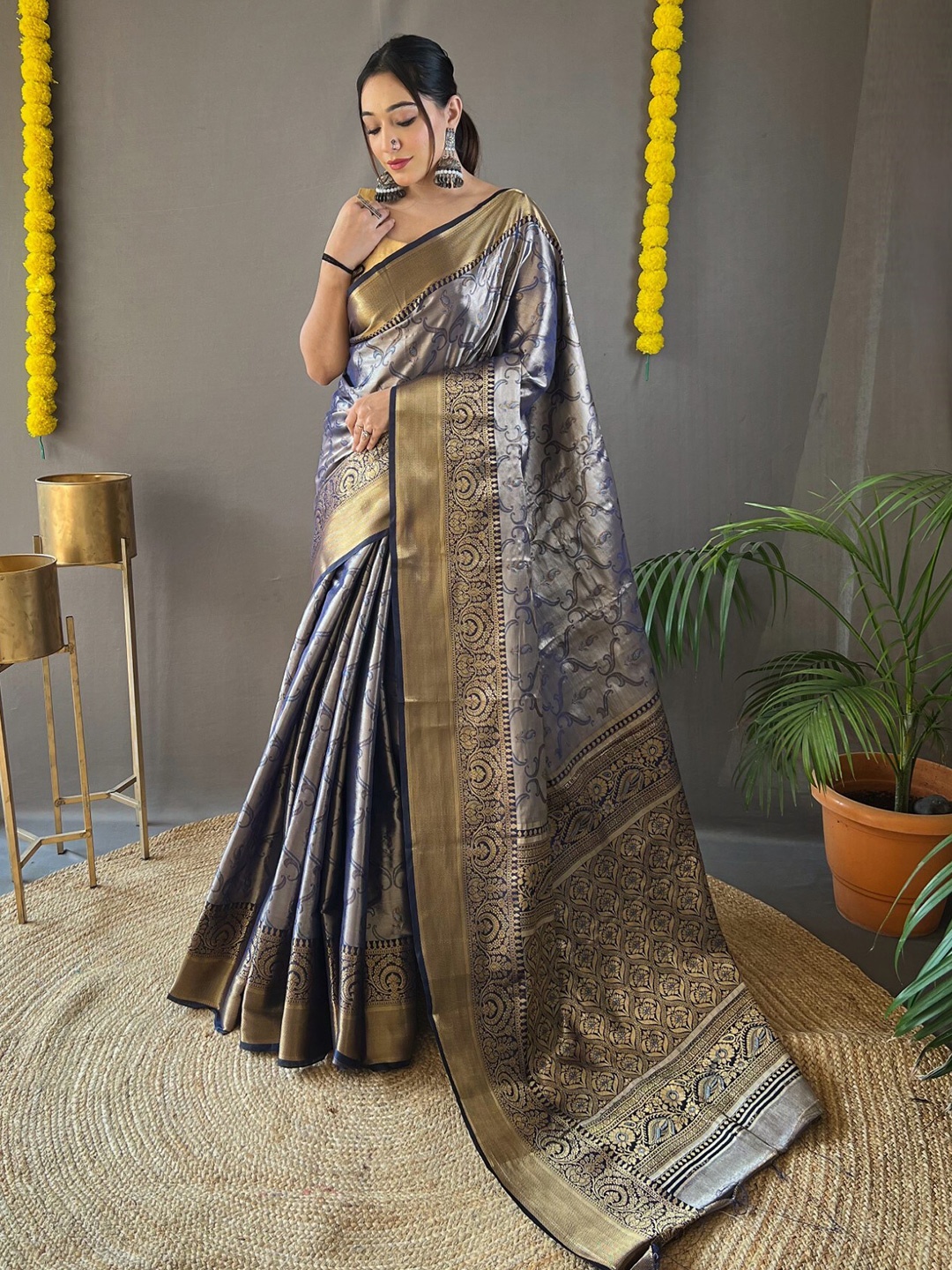 

LeeliPeeri Designer Ethnic Motifs Woven Design Zari Kanjeevaram Saree, Navy blue