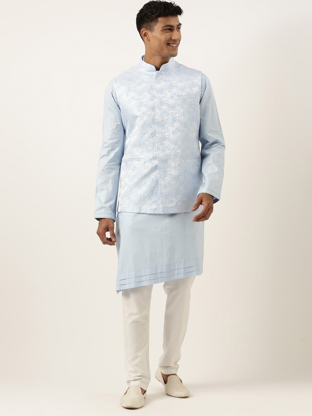 

TheEthnic.Co Floral Woven Design Jacquard Nehru Jacket, Blue