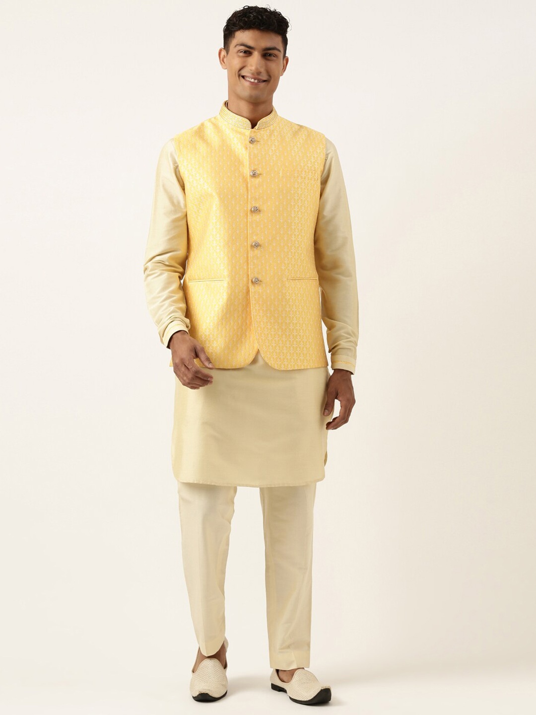 

TheEthnic.Co Woven Designed Mandarin Collar Nehru Jackets, Yellow