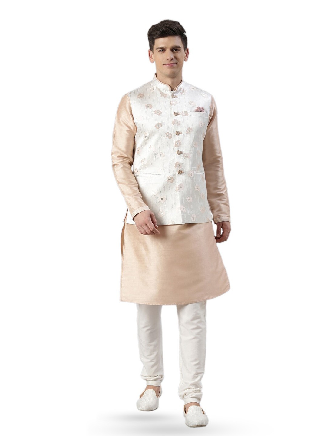 

TheEthnic.Co Floral Woven Design Mandarin Collar Jacquard Nehru Jacket, Silver