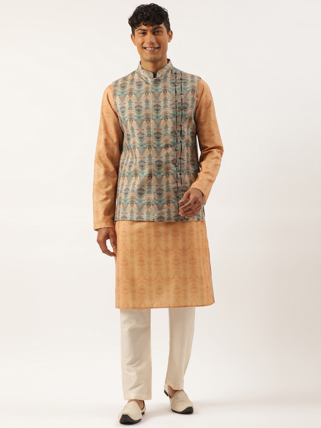 

TheEthnic.Co Woven Designed Mandarin Collar Nehru Jackets, Beige