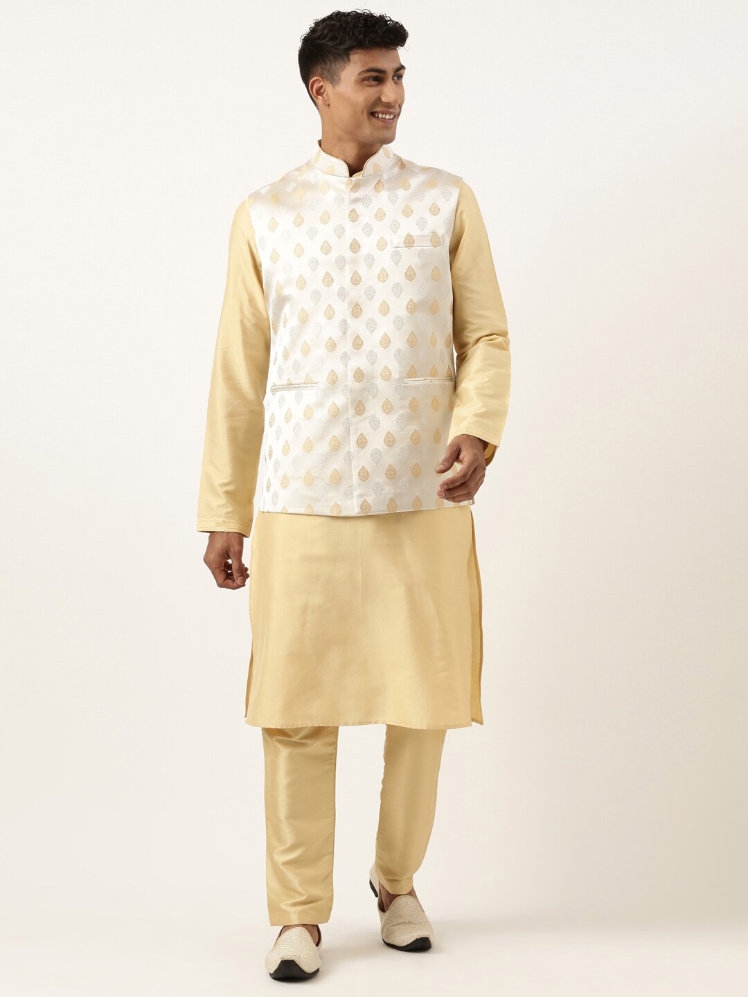 

TheEthnic.Co Ethnic Motif Woven Design Banarasi Nehru Jackets, Beige