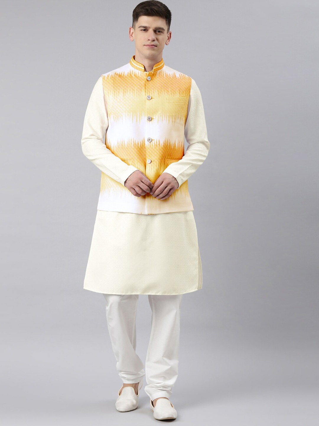 

TheEthnic.Co Geometric Printed Nehru Jacket, Yellow