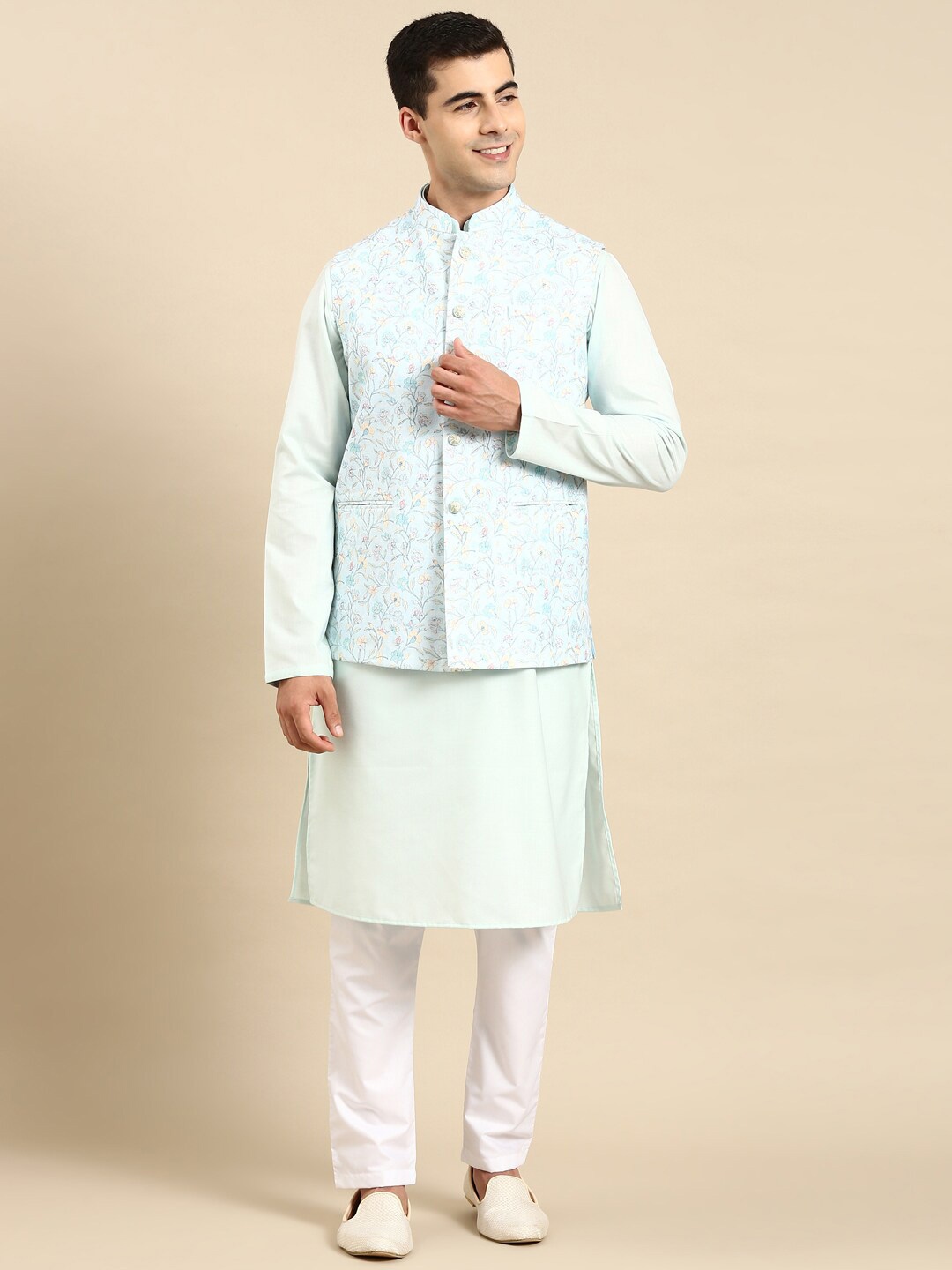 

TheEthnic.Co Floral Printed Linen Nehru Jacket, Blue