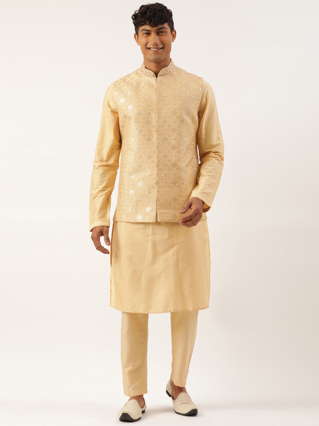 

TheEthnic.Co Ethnic Motifs Embroidered Sequinned Nehru Jacket, Beige