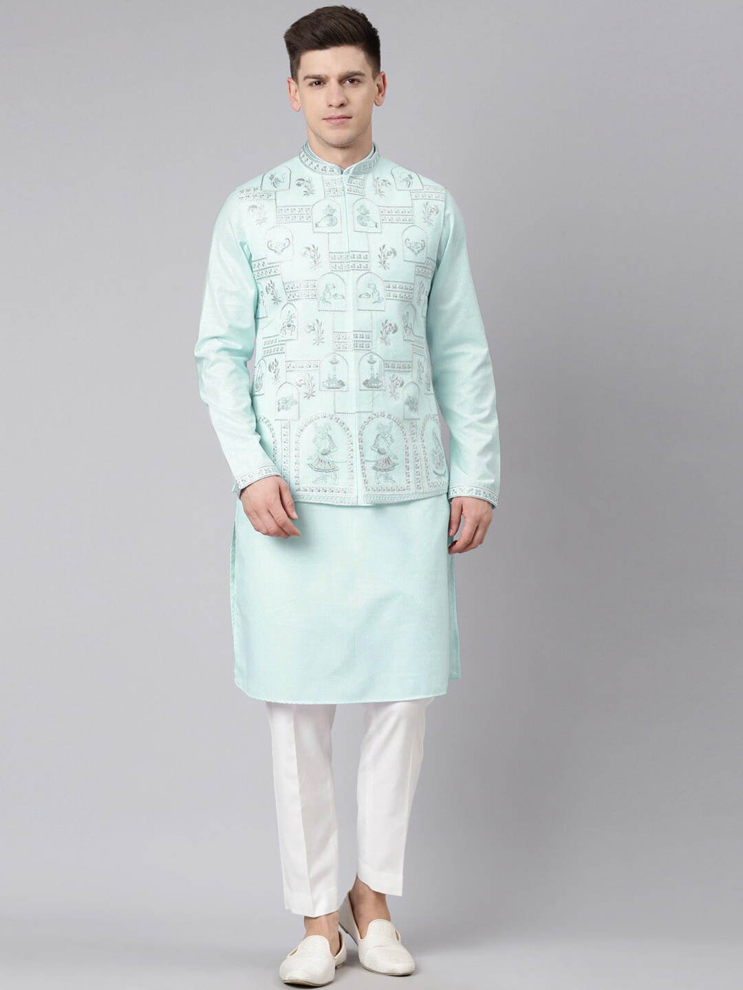 

TheEthnic.Co Ethnic Motifs Embroidered Nehru Jacket, Blue