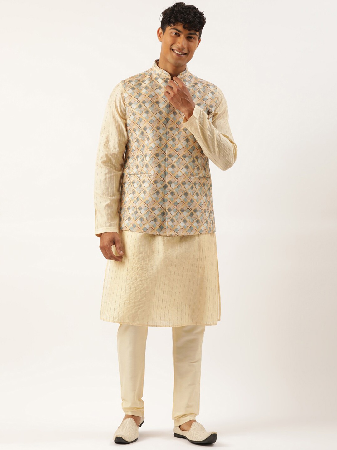 

TheEthnic.Co Printed Nehru Jackets, Beige