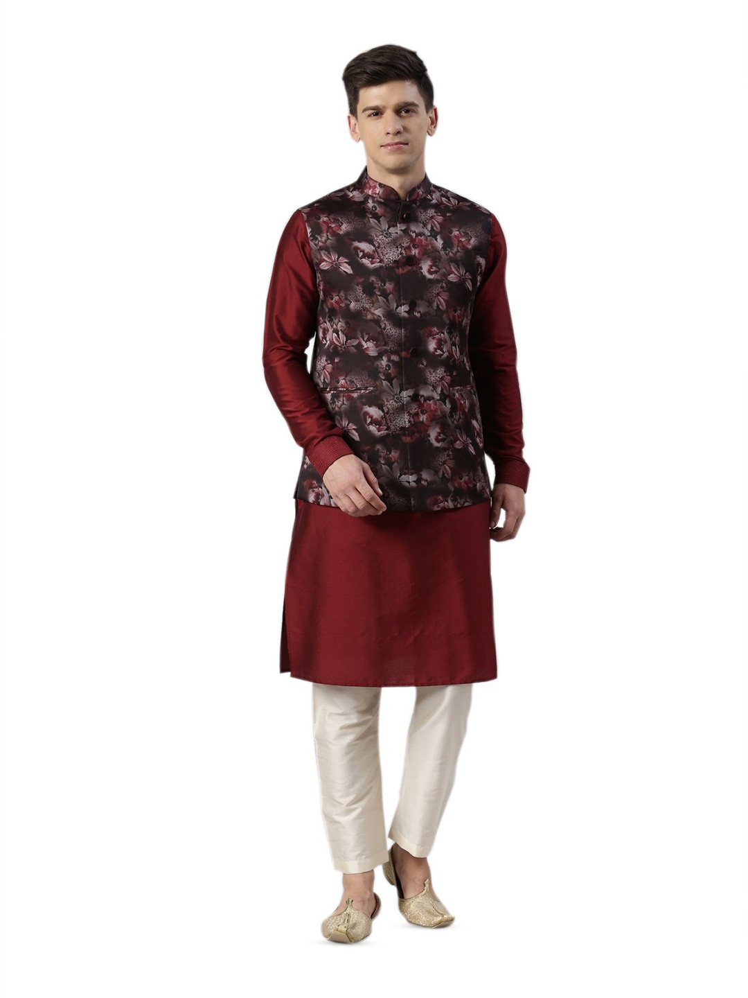 

TheEthnic.Co Floral Printed Mandarin Collar Nehru Jacket, Maroon