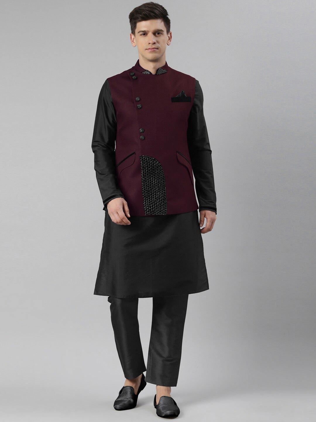 

TheEthnic.Co Mandarin Collar Angrakha Style Nehru Jacket, Purple