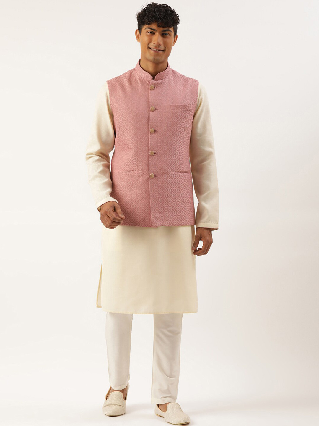 

TheEthnic.Co Woven Design Nehru Jacket, Rose