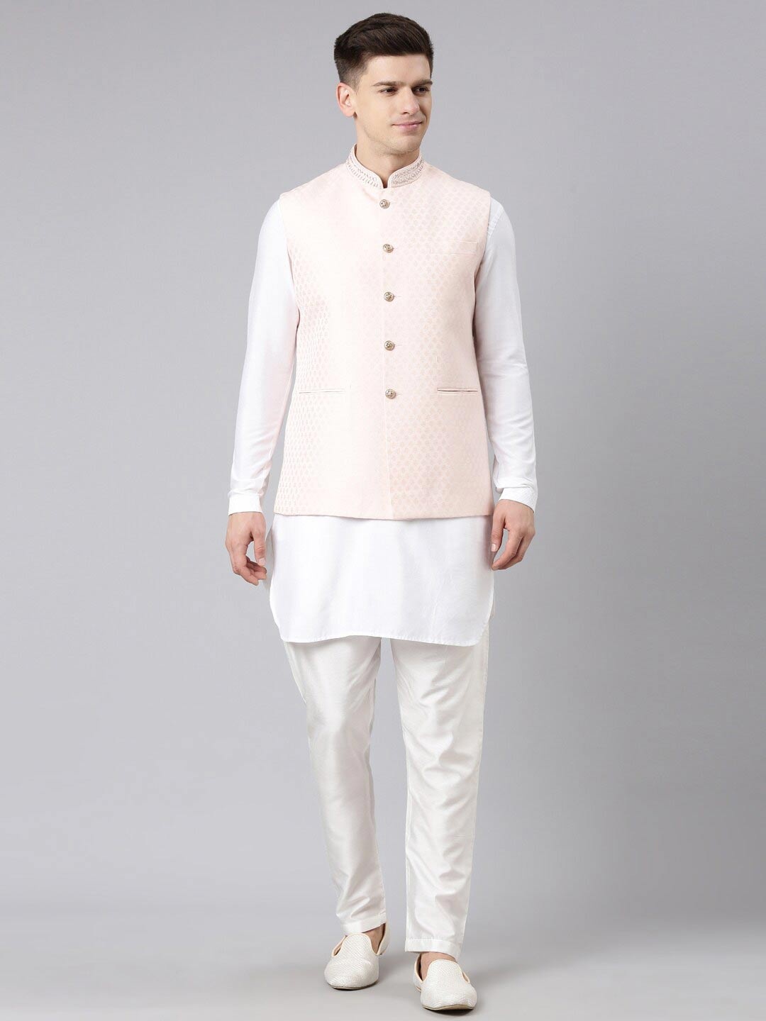 

TheEthnic.Co Woven Design Nehru Jacket, Peach