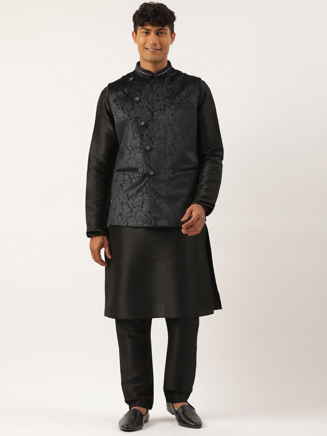 

TheEthnic.Co Printed Nehru Jacket, Black