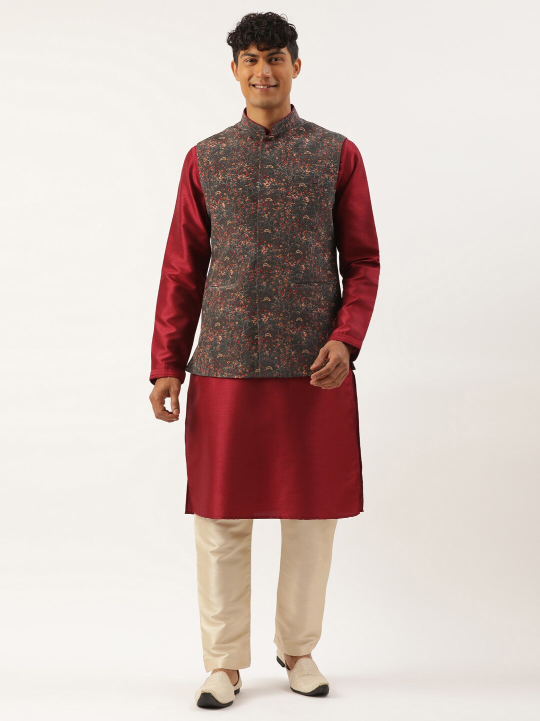 

TheEthnic.Co Printed Nehru Jacket, Charcoal