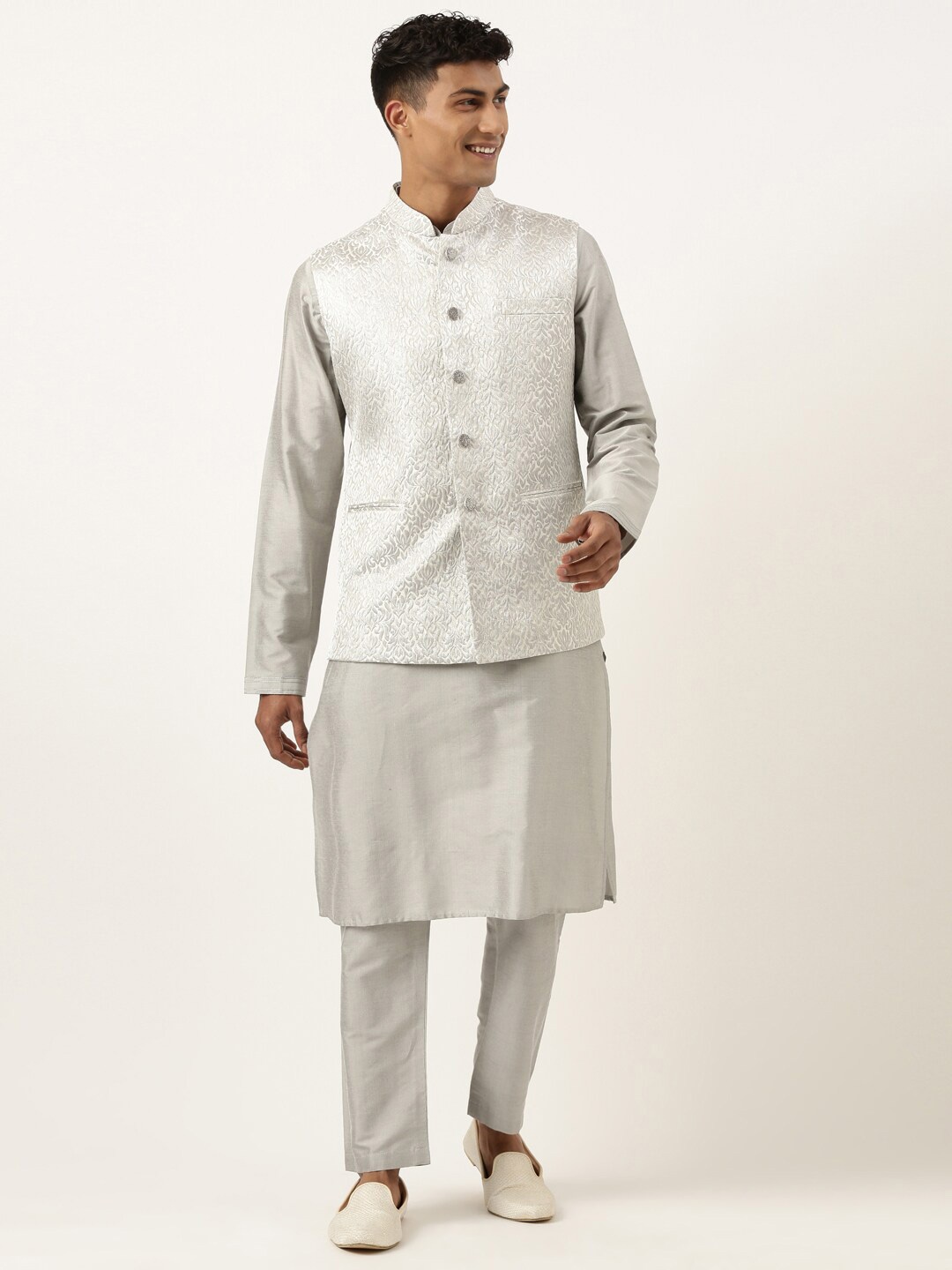 

TheEthnic.Co Woven Design Nehru Jacket, Grey