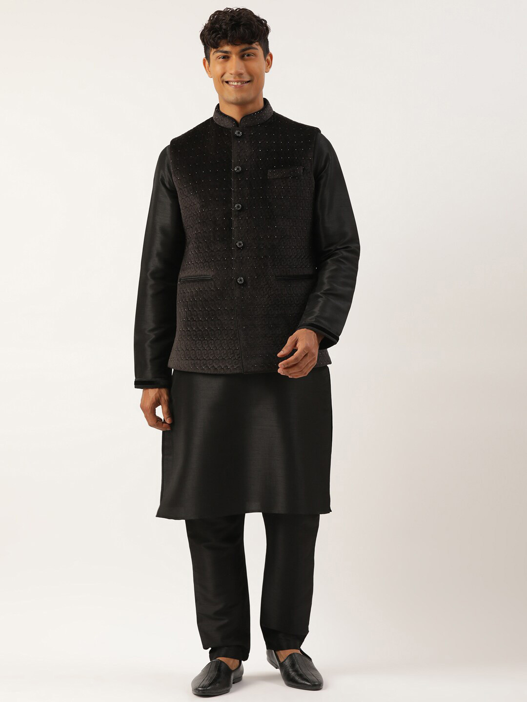 

TheEthnic.Co Quilted Velvet Nehru Jacket, Black