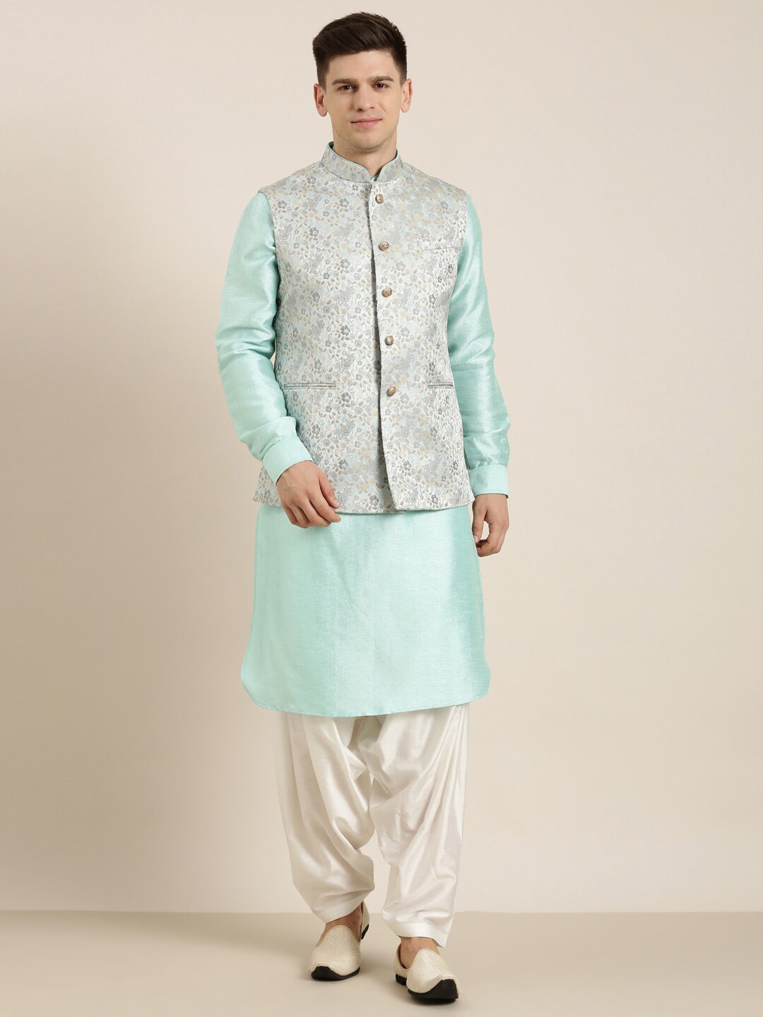 

TheEthnic.Co Printed Woven Nehru Jacket, Blue