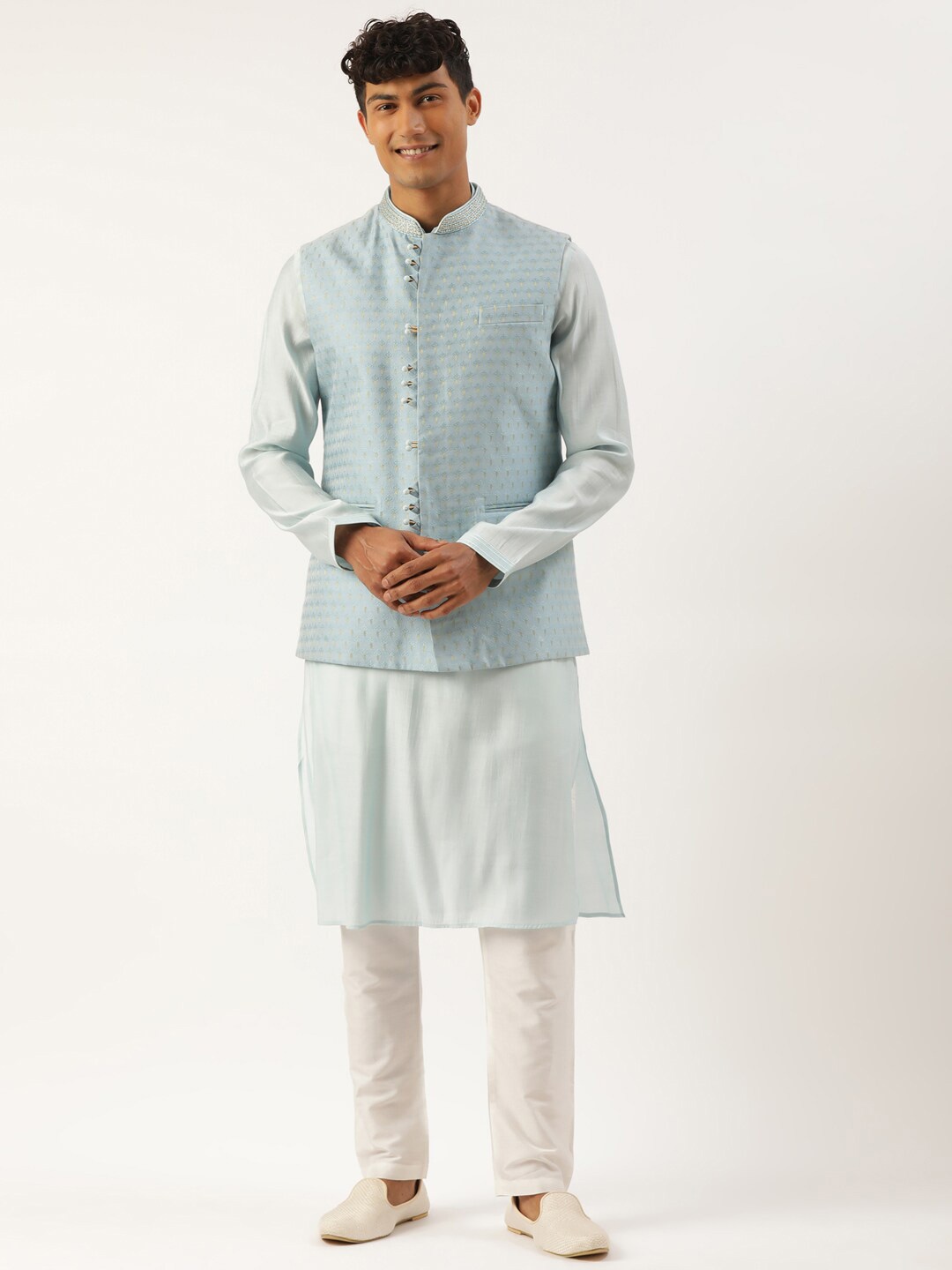 

TheEthnic.Co Woven Design Nehru Jacket, Blue
