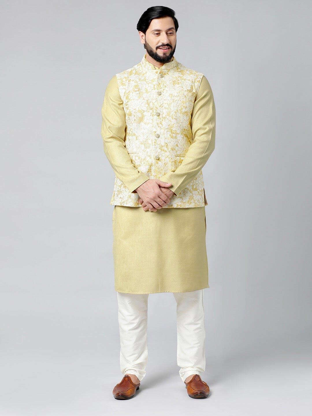 

TheEthnic.Co Woven Design Mandarin Collar Nehru Jacket, Mustard