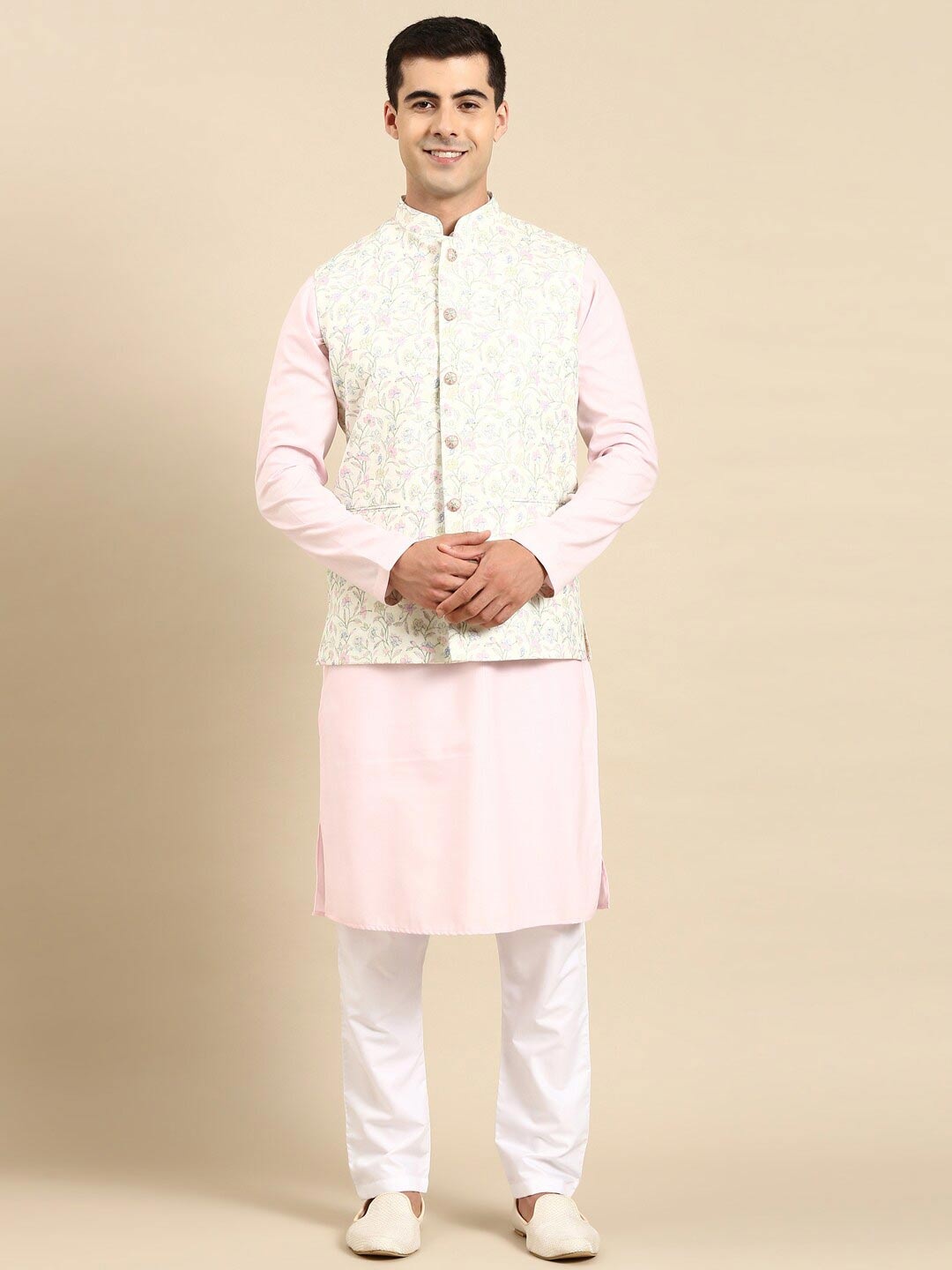 

TheEthnic.Co Floral Printed Mandarin Collar Nehru Jacket, Lime green