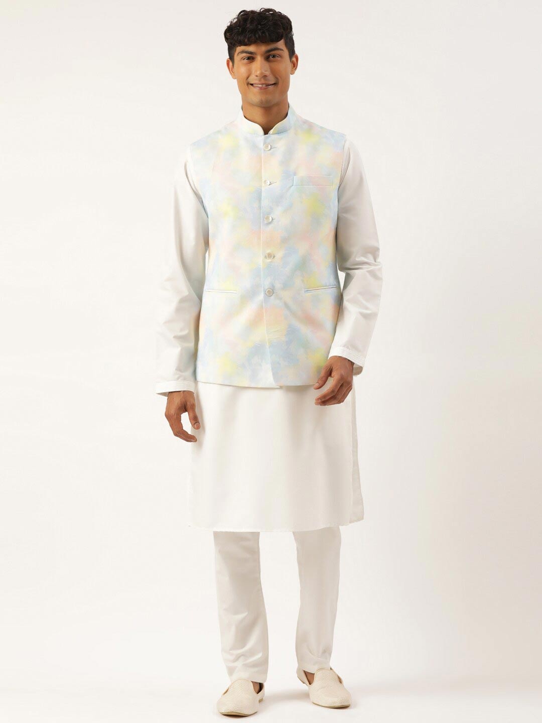 

TheEthnic.Co Tie & Dye Printed Nehru Jacket, Yellow