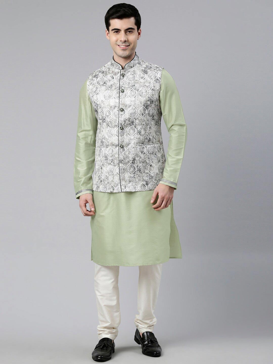 

TheEthnic.Co Ethnic Motifs Printed Mandarin Collar Nehru Jacket, Grey