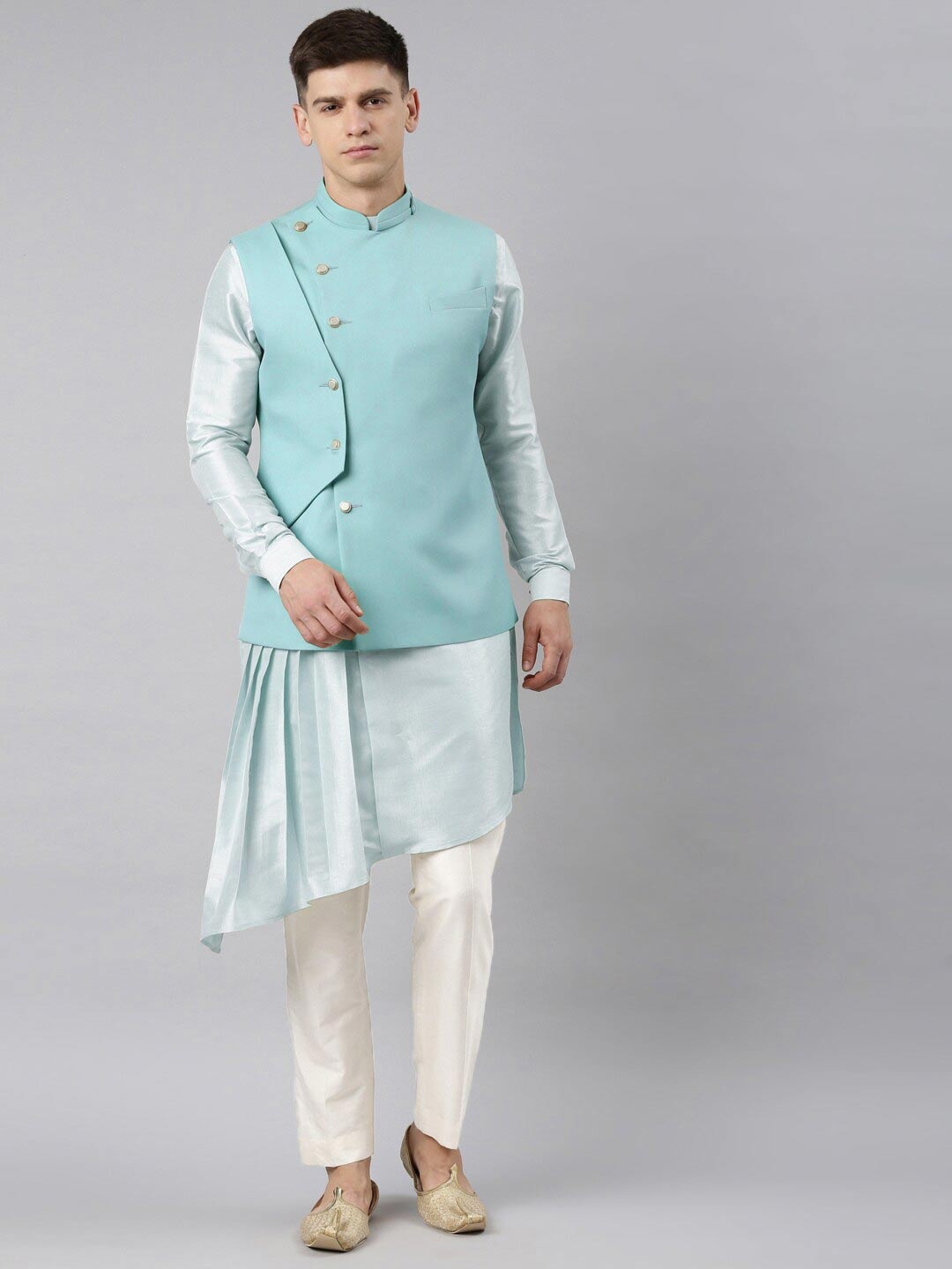 

TheEthnic.Co Woven Mandarin Collar Nehru Jacket, Blue