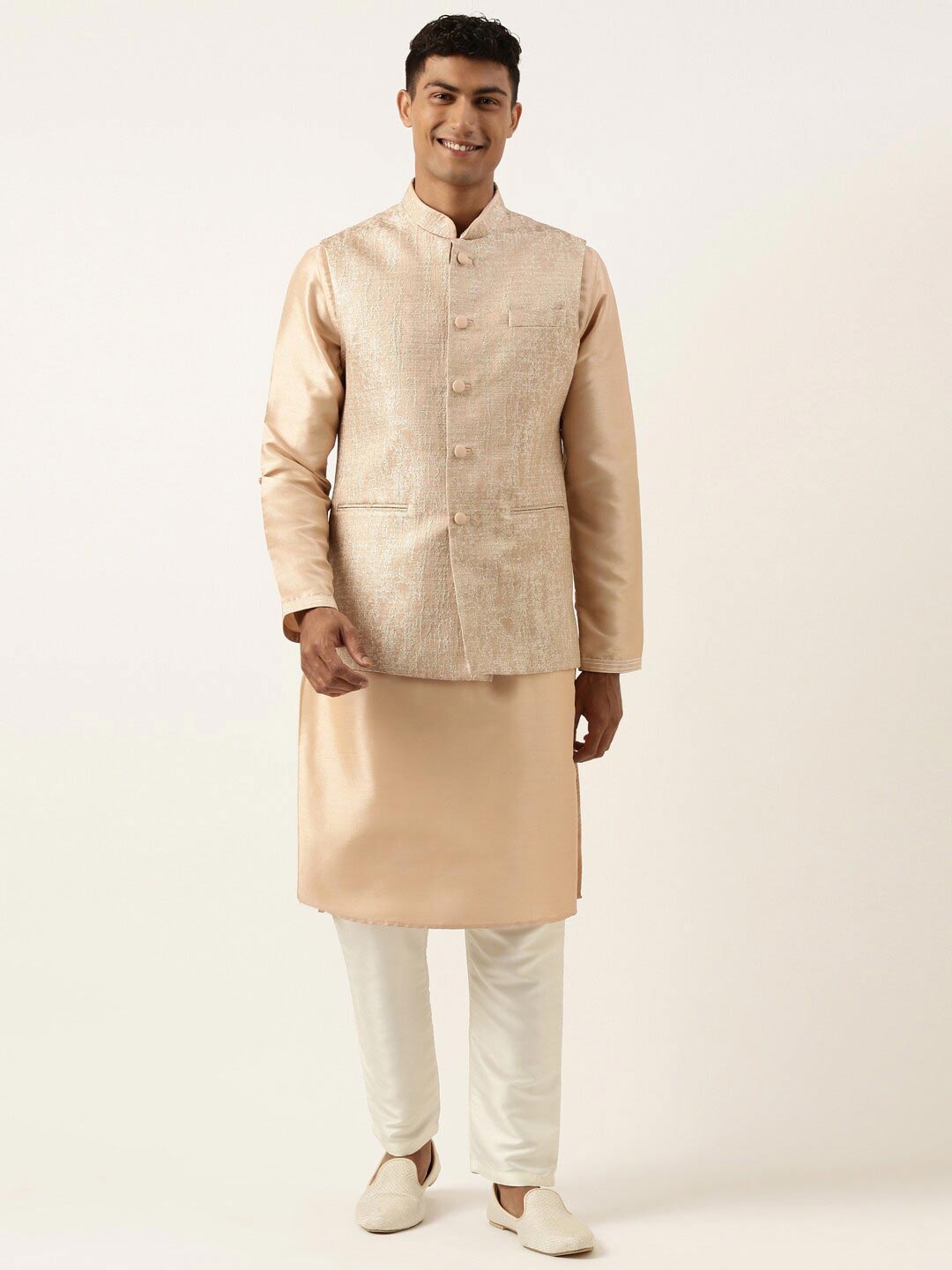 

TheEthnic.Co Woven Design Nehru Jacket, Beige