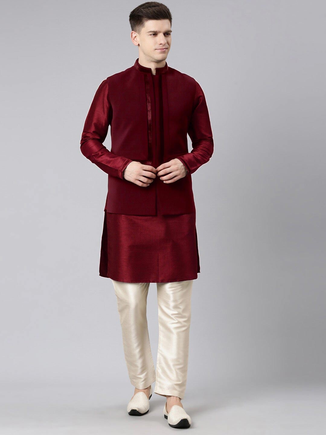 

TheEthnic.Co Pleated Nehru Jacket, Maroon
