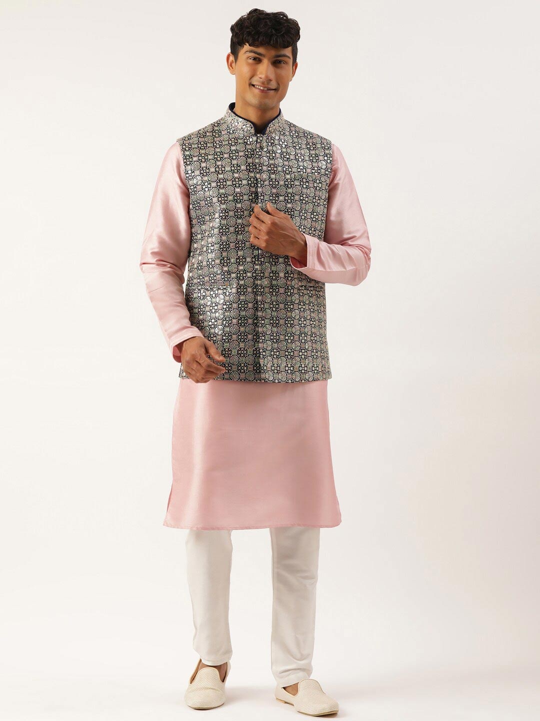 

TheEthnic.Co Woven Embroidered Nehru Jacket, Navy blue