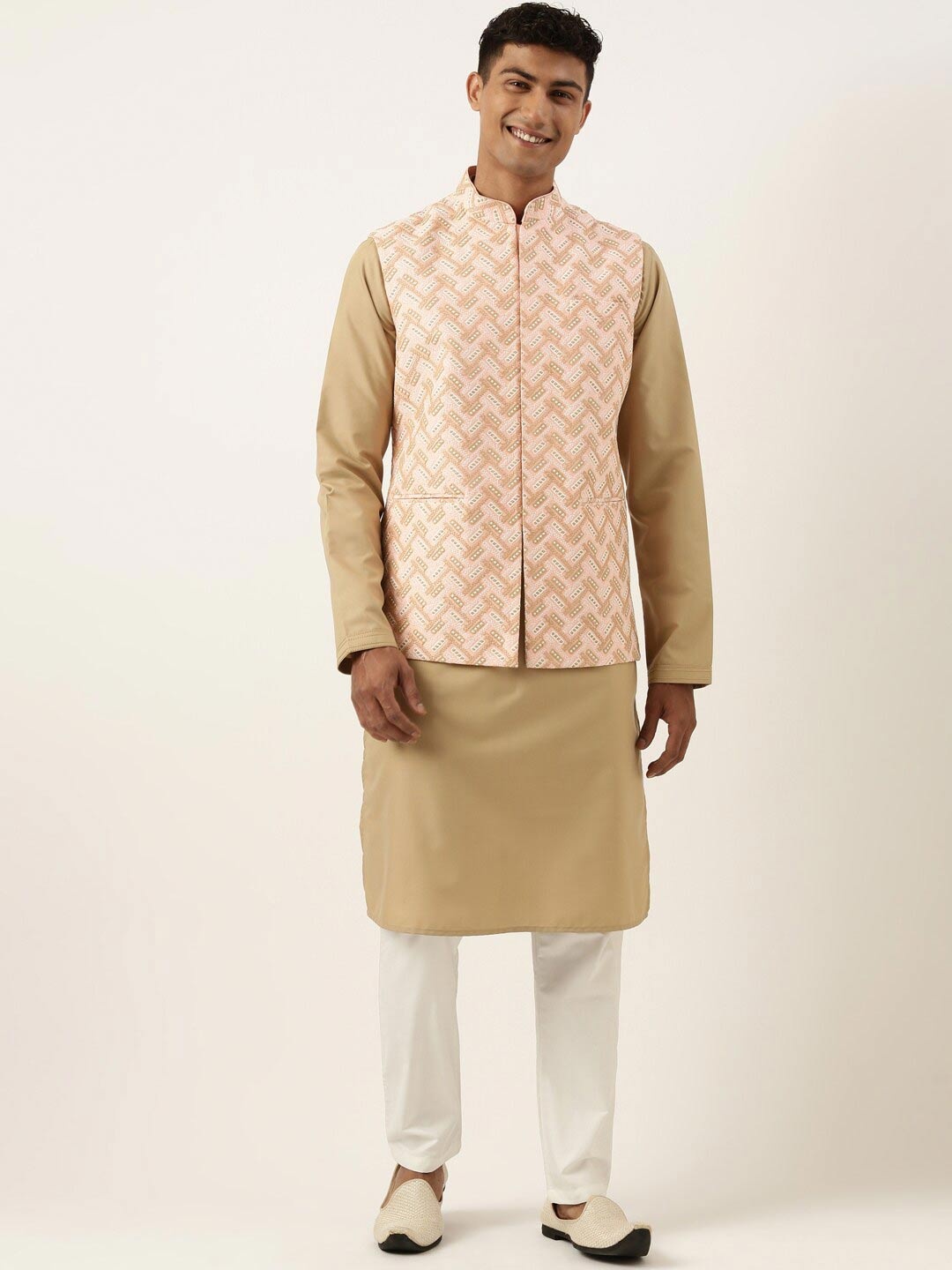 

TheEthnic.Co Chikankari Embroidered Nehru Jacket, Peach