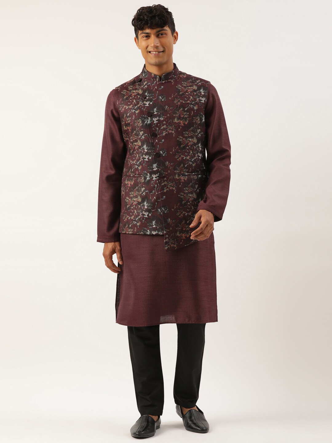 

TheEthnic.Co Floral Printed Cotton Nehru Jacket, Purple
