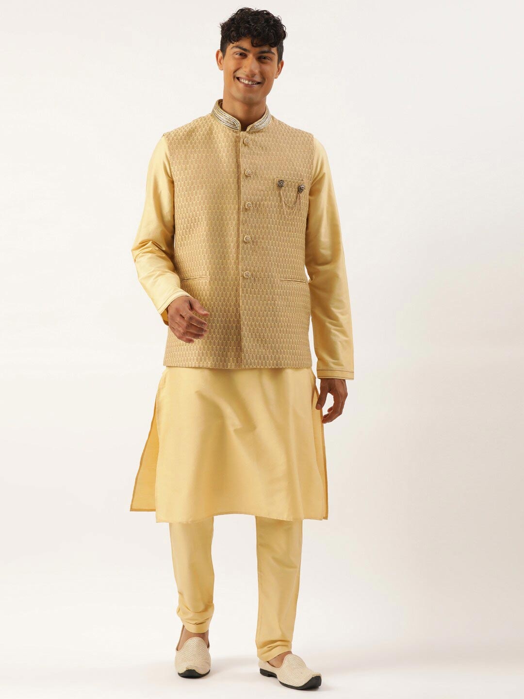 

TheEthnic.Co Woven Design Mandarin Collar Nehru Jacket, Gold