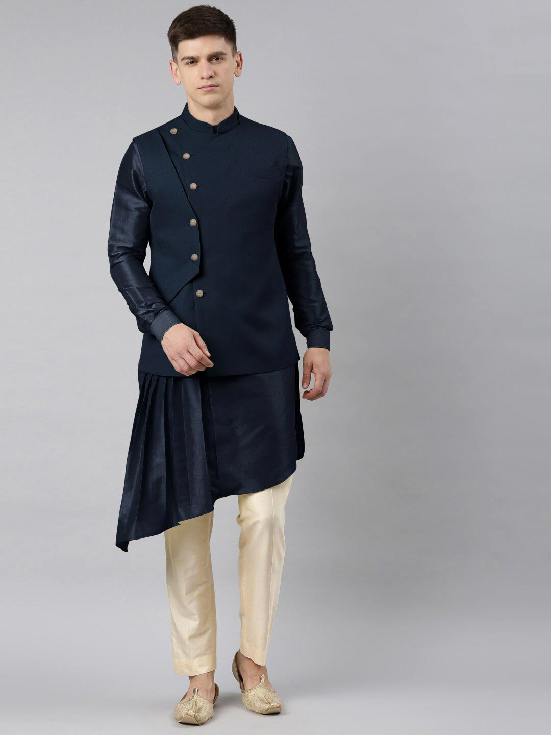 

TheEthnic.Co Mandarin Collar Nehru Jacket, Navy blue