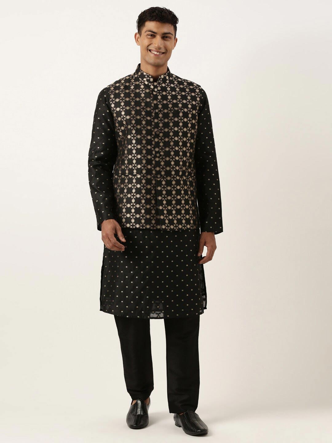 

TheEthnic.Co Floral Woven Design Pure Silk Nehru Jacket, Black