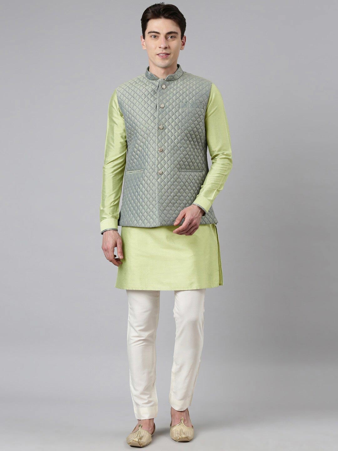 

TheEthnic.Co Quilted Jacquard Nehru Jacket, Lime green