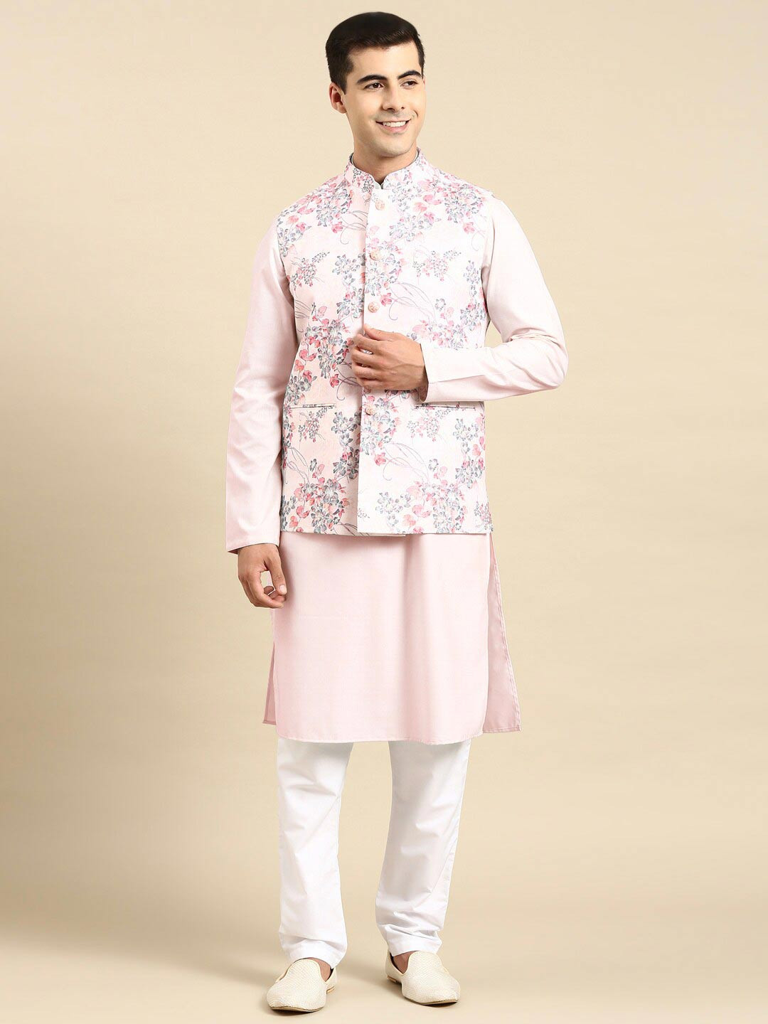 

TheEthnic.Co Floral Printed Cotton Linen Nehru Jacket, Pink