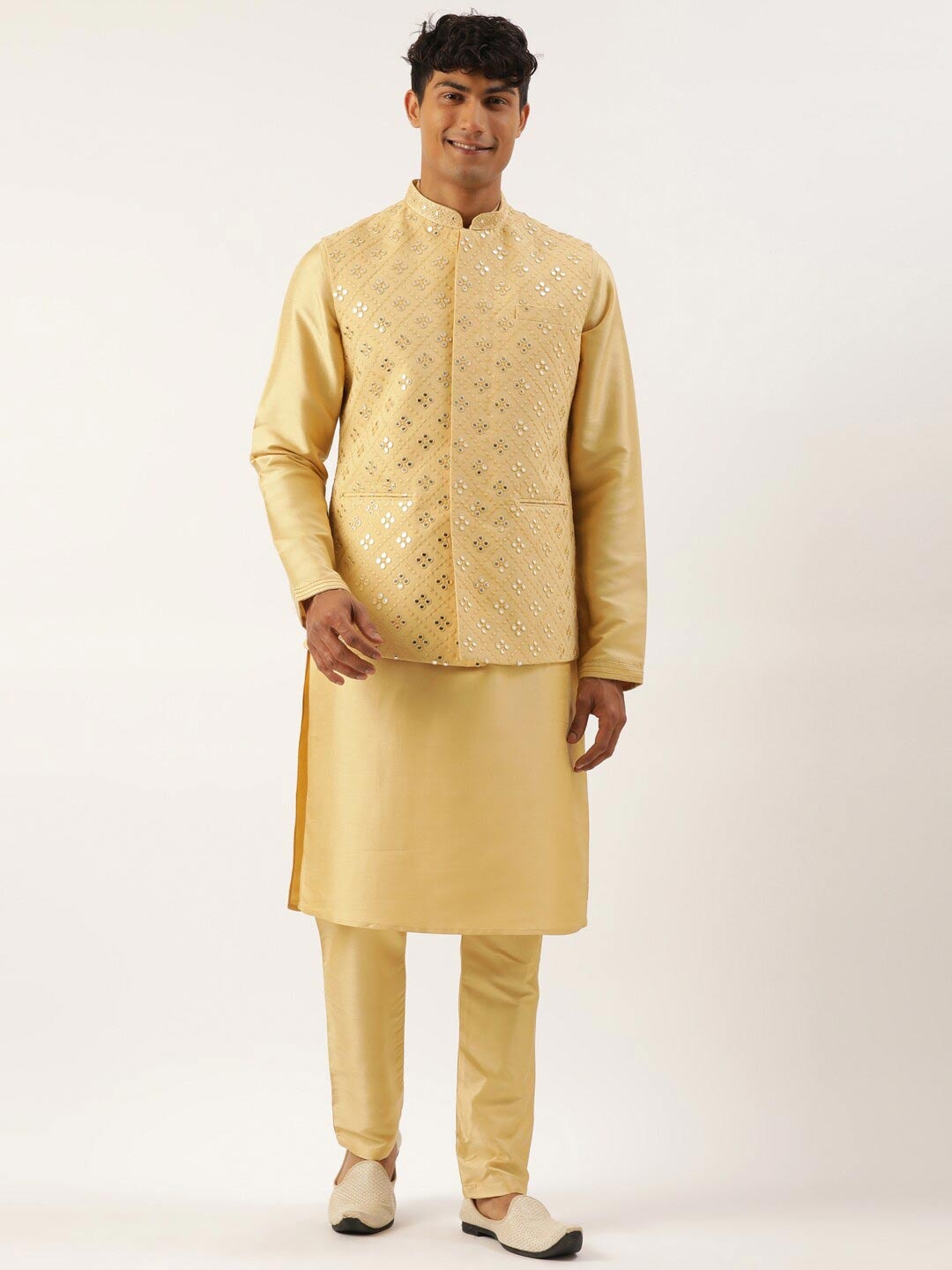 

TheEthnic.Co Mirror Embroidered Nehru Jacket, Gold