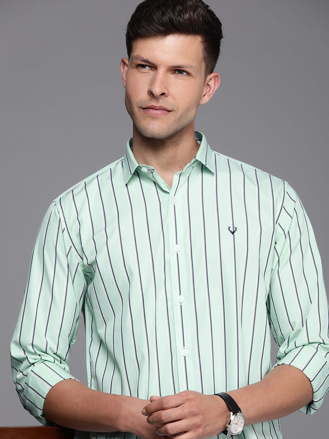 

Allen Solly Pure Cotton Classic Fit Opaque Striped Casual Shirt, Sea green