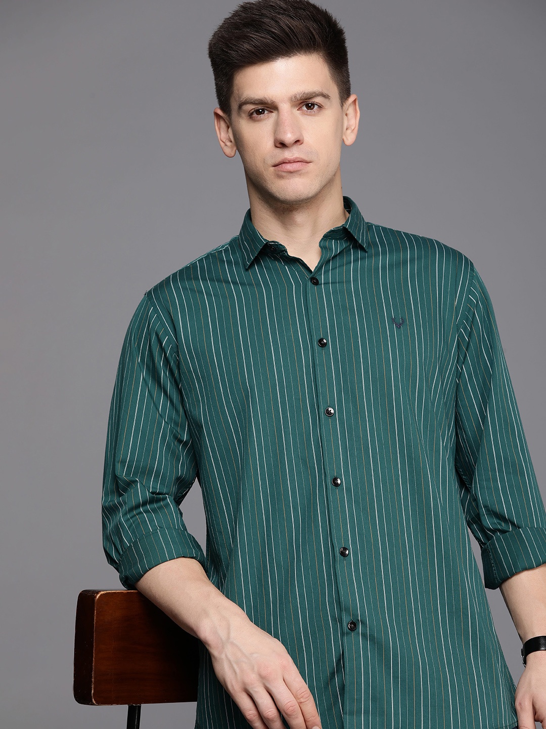

Allen Solly Pure Cotton Classic Fit Striped Casual Shirt, Green