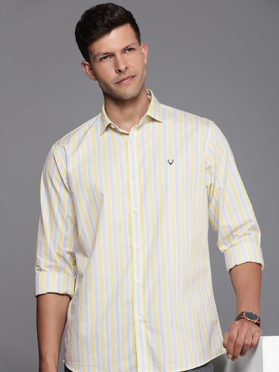 

Allen Solly Pure Cotton Classic Fit Opaque Striped Casual Shirt, Yellow