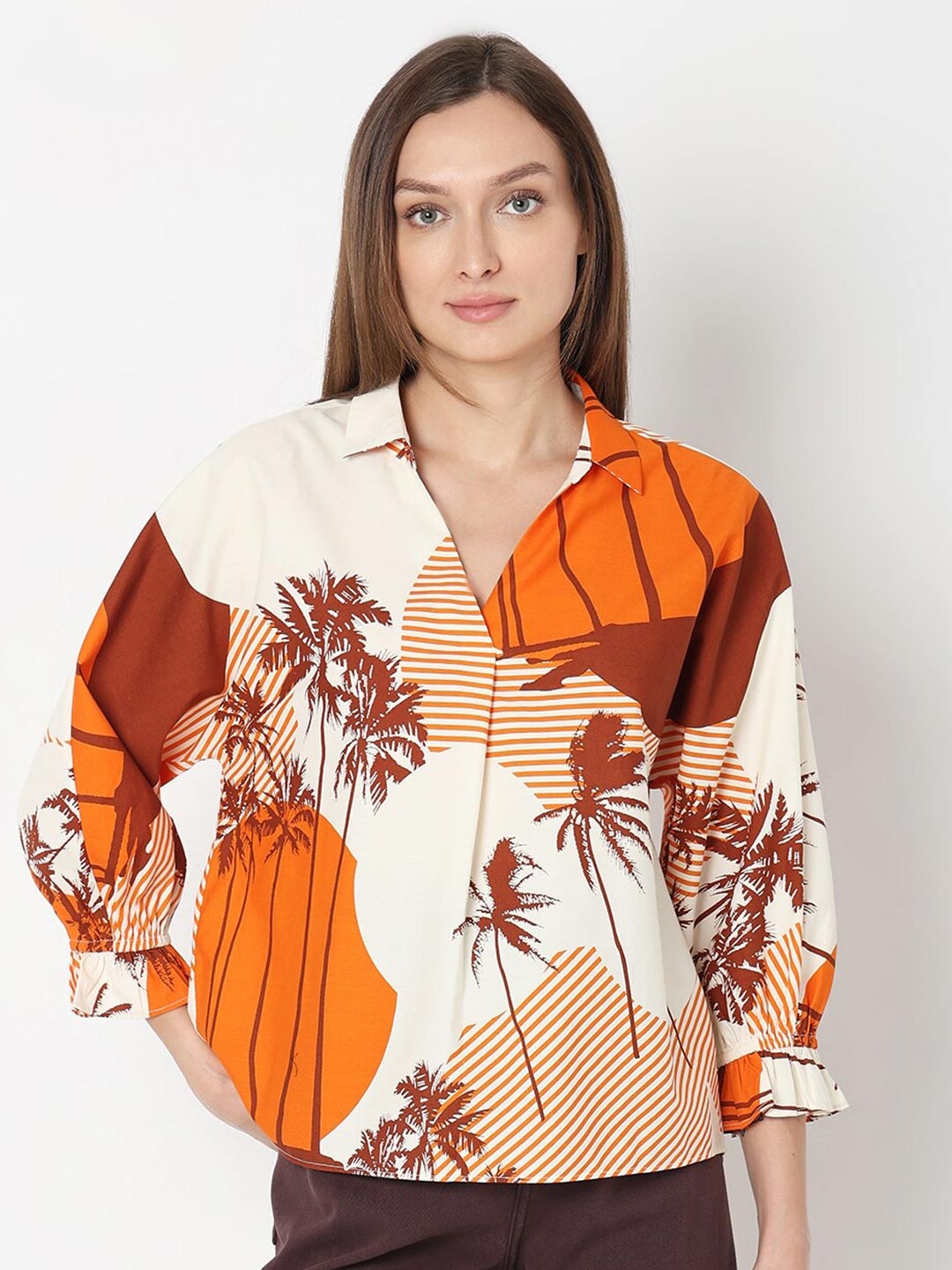 

Vero Moda Tropical Printed Cotton Shirt Style Top, Orange