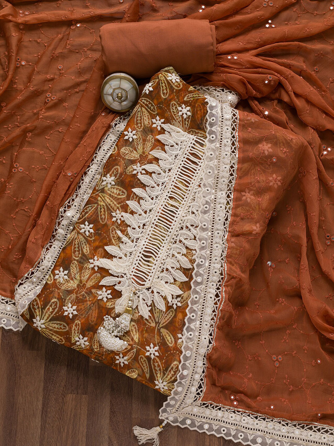 

Koskii Floral Embroidered Mirror Work Unstitched Dress Material, Brown