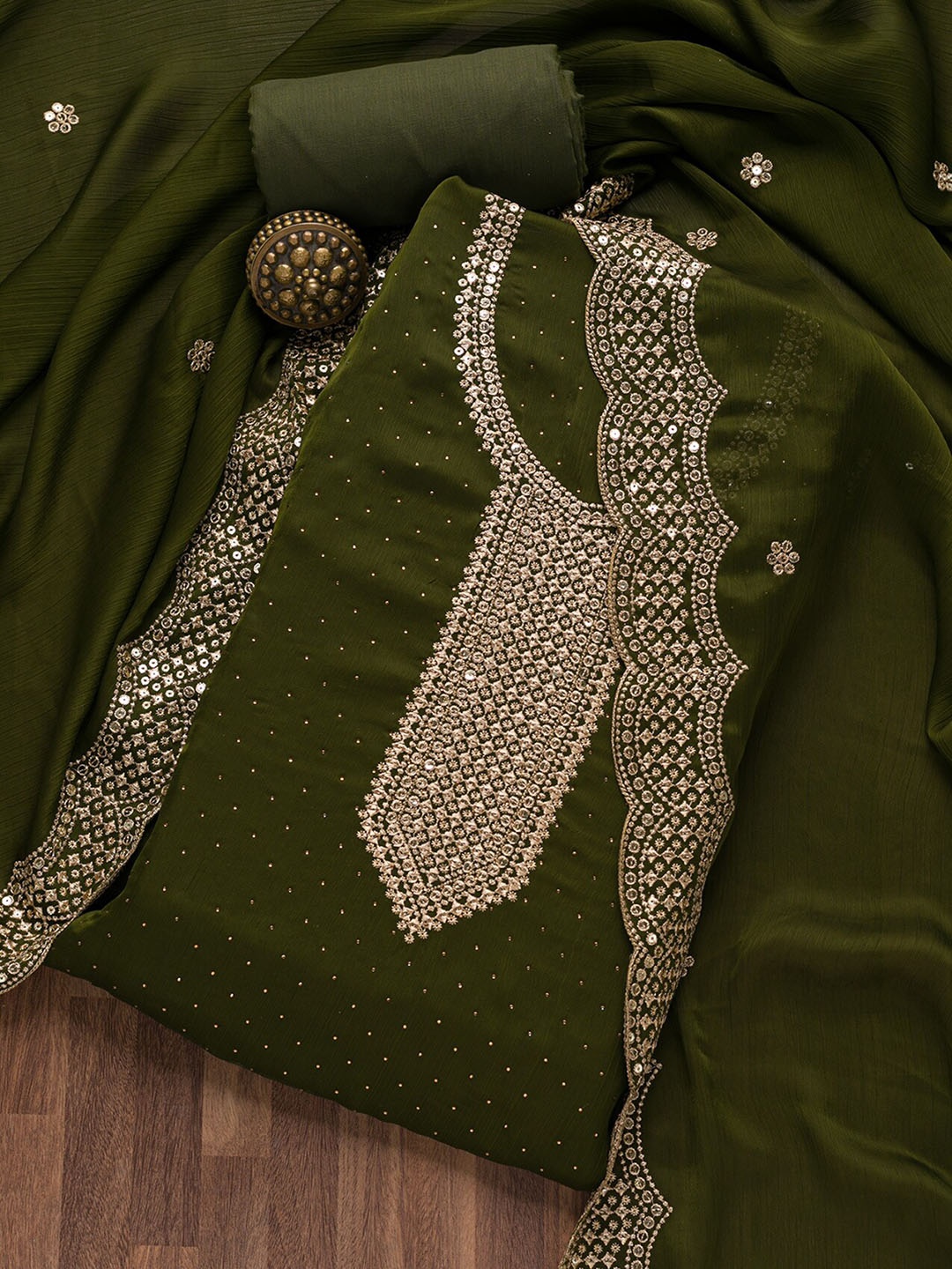 

Koskii Floral Embroidered Sequinned Unstitched Dress Material, Green