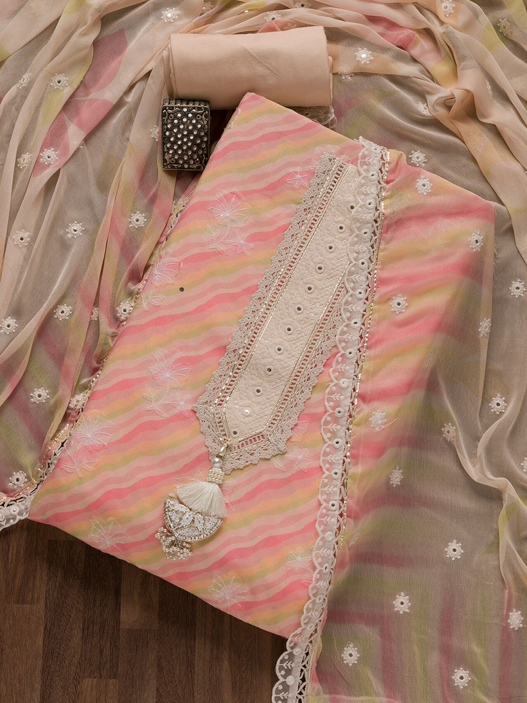 

Koskii Leheriya Printed Mirror Work Unstitched Dress Material, Peach