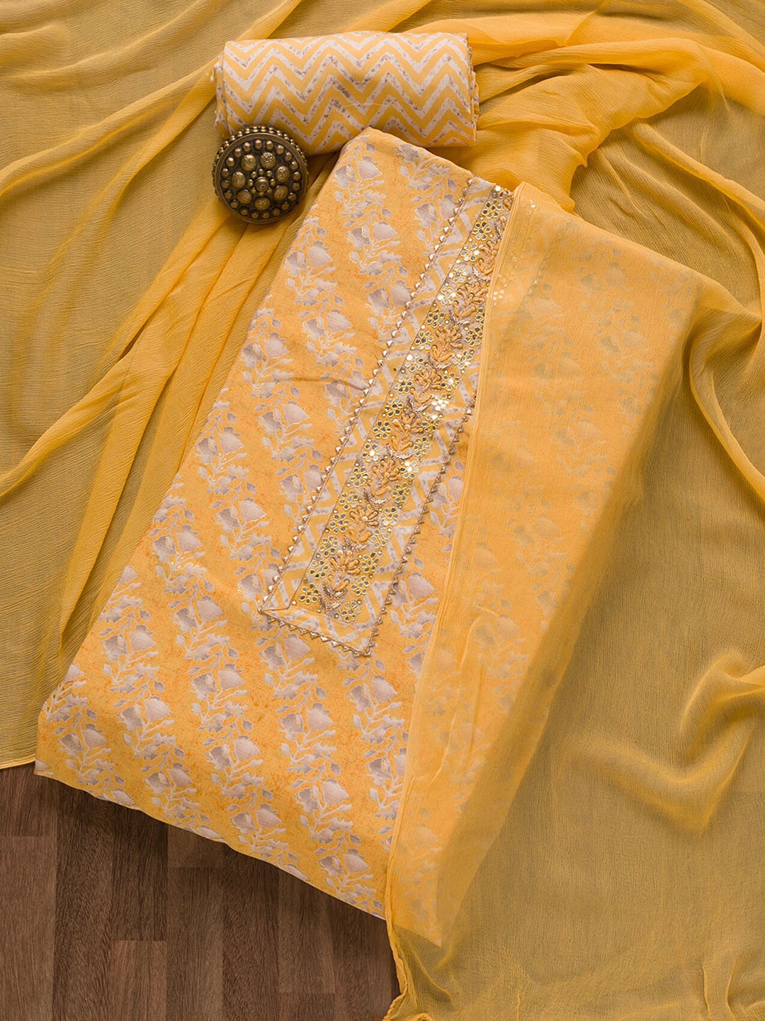 

Koskii Floral Printed Mirror Work Unstitched Dress Material, Yellow