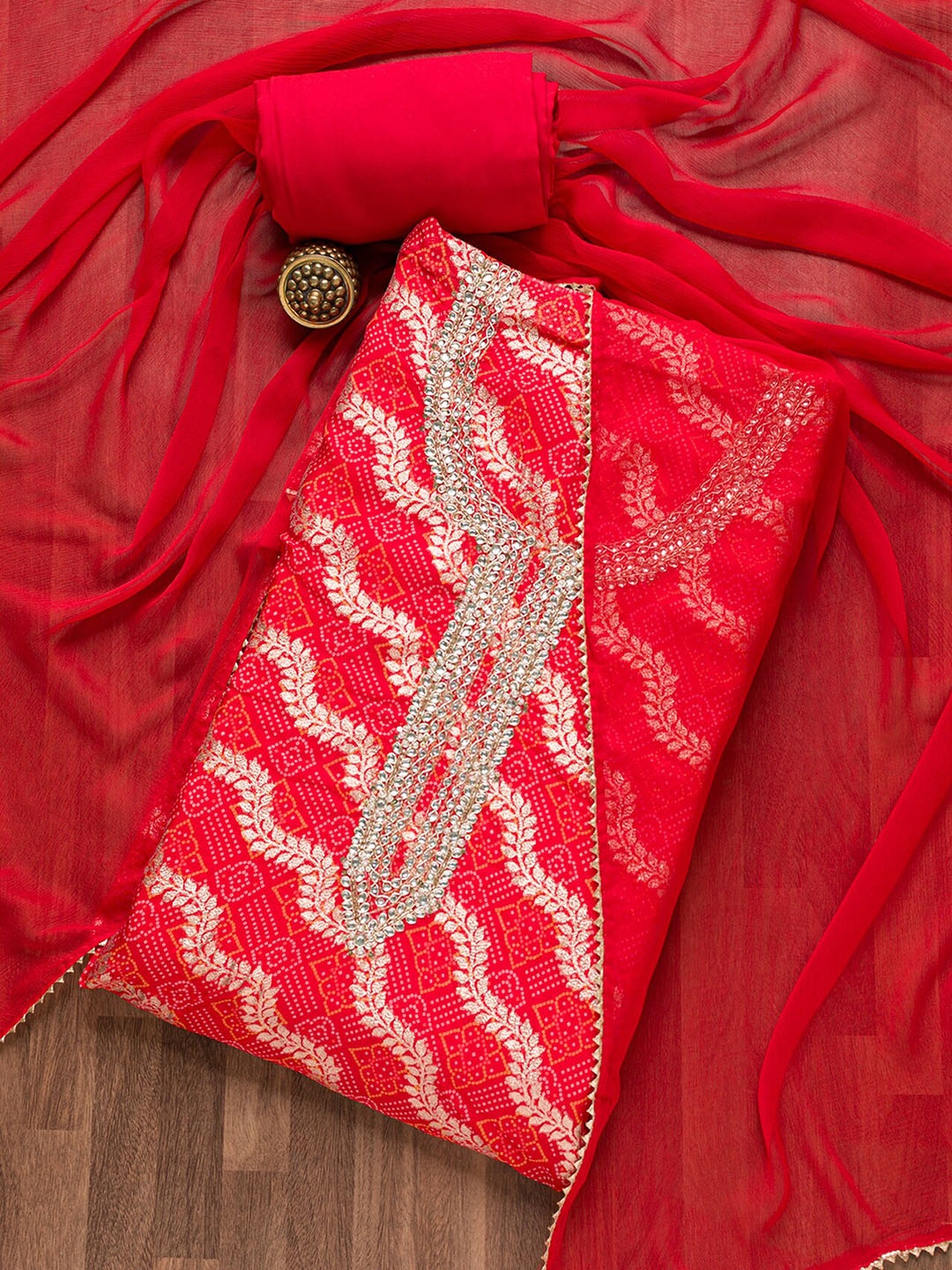 

Koskii Bandhani Woven Design Gotta Patti Unstitched Dress Material, Red