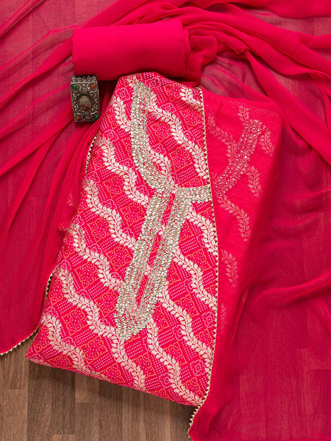 

Koskii Bandhani Woven Design Gotta Patti Unstitched Dress Material, Pink